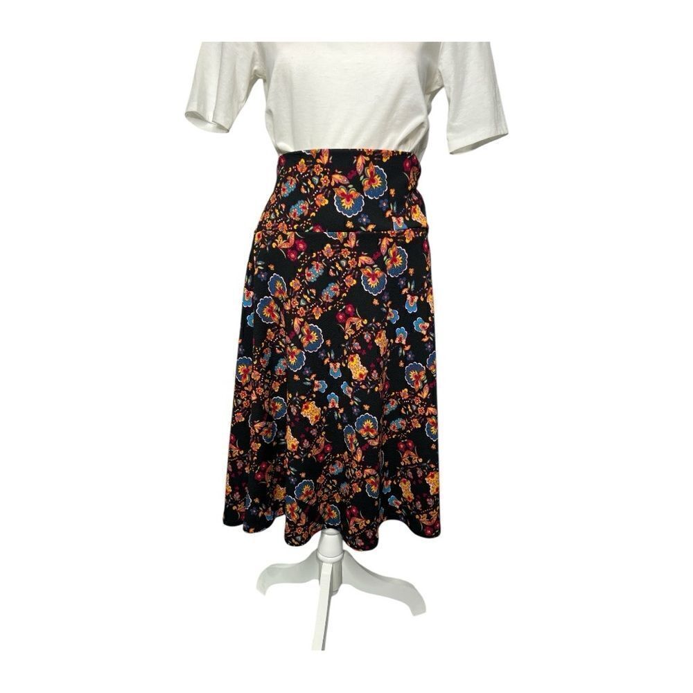 LuLaRoe Azure Floral Black Skirt Pull On‎ Stretch A-line Sz Large